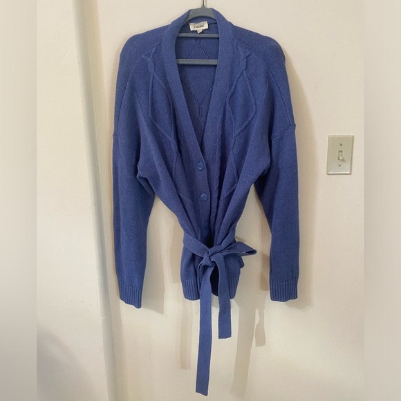 L’AGENCE MICA BELTED CABLE KNIT DUSTY BLUE COTTON CARDIGAN SWEATER SIZE XXL/TTG - Picture 6 of 11